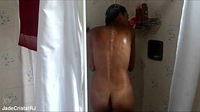 Pretty brazilian flashes shaved pussy after bath with husband