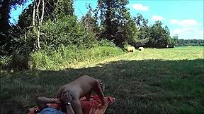 suzisoumise bent over naked in field for doggystyle cum on saggy tits