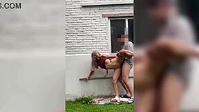 Skinny neighbor gets licked to orgasm outdoors