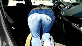 wife at car wash with big ass busting out of low rise jeans