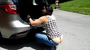 wife at car wash with big ass busting out of low rise jeans