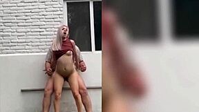 Skinny neighbor gets licked to orgasm outdoors
