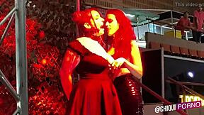 Fat spanish girl on public outdoor stage receives erotic wax treatment