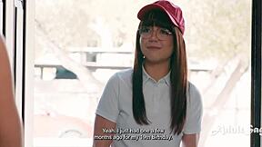 Two tall lesbians lick and scissor the petite delivery girl's wet pussy.