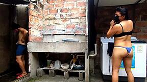 Horny Neighbor Enters Bathroom, Shakes Ass, And Squirts During Intense Fucking.