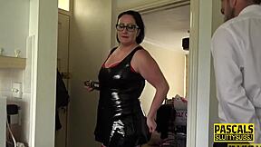 A chubby submissive amateur in latex endures throat fucking and rough sex with toys in bdsm scene