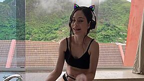 Beautiful white whore strips and rides me, ripping clothes for cumshot