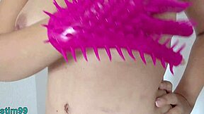 Mature Cleaning Lady Uses Gloves For Toilet Stretching