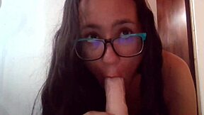 Petite girl performs deep throat on big cock in intense sex scene.