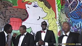 Busty blonde Cindee enjoys interracial gangbang cumshot