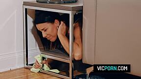 Hot brunette milf stuck under the table with no panties, takes rough doggystyle fucking 😏