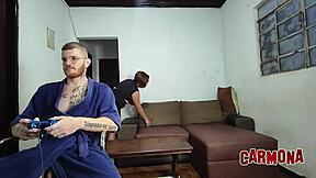 Stepmom proves fucking wet pussy is better than playing video games with muscular guy