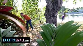 Raw pounding in that tiny 18+ pussy during hide and go seek with hairy lesbian neighbors!