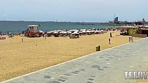 Spotted perfect small tits on nude beach in Barcelona, Apra Shay Don Mulatito gets hardcore POV.