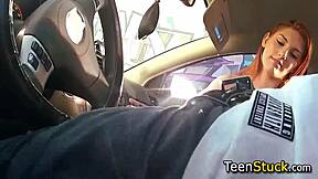Redhead teen babe gives pov blowjob to hitchhiker.