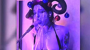 Devil cosplay girl with big tits and blue eyes passionately gives deepthroat blowjobs filled with cum