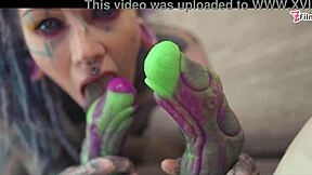 heavy tattoo goth punk girl anuskatzz does dap anal with swallow, gape, prolapse, and split tongue blowjob