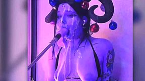 Devil cosplay girl with big tits and blue eyes passionately gives deepthroat blowjobs filled with cum