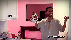 three asian girlfriends subtly share a dick in an after party foursome