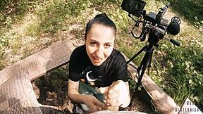 Intense POV blowjob in outdoor wilderness, swallowing cum mouthful.