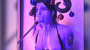 Devil cosplay girl with big tits and blue eyes passionately gives deepthroat blowjobs filled with cum