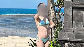 Powerful Display of Japanese Brunette in Blue Bikini