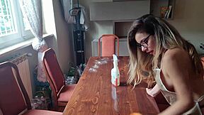 cleaning the neighbor's table and stripping panties for big ass show