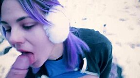 big-titted nerd gives public blowjob in the snow in the city park