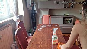 cleaning the neighbor's table and stripping panties for big ass show