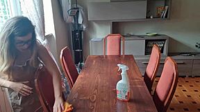 cleaning the neighbor's table and stripping panties for big ass show