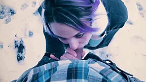 big-titted nerd gives public blowjob in the snow in the city park