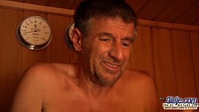 wow, teen babe gets fucked in sauna and sucks old cock!