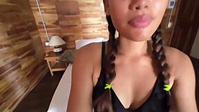 Petite woman enjoys valentines day in cabin