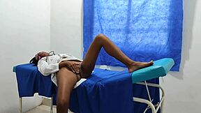 the horny nurse touches herself in the doctor's office until a patient joins her