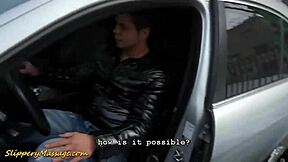 Flexible teen couple enjoys slippery oiled nuru massage with handjob on big shaved cock ending in cumshot.