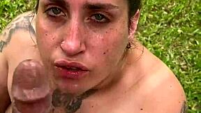 blonde slut, suck that dick outdoors with your big natural tits out. how does it taste?