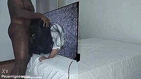 Halloween samara in costume takes two big black cocks at home.