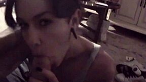 hot brunette gives blowjob closeup with handjob cumshot