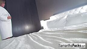 Samantha loves fucking with monster cock, showing off her big tits and pussy in hardcore pornstar scene.