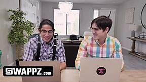 Fit horny teen 18+ stepsiblings have living room blowjob session