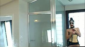 Fucking slutty mistress in latex with big tits fingering and facial cumshot