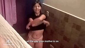 Pretty Brunette Petite Girl Spits on Monster Cock in Bed with Father-in-Law