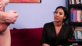 Voyeur milf in stockings teases wanker for masturbation