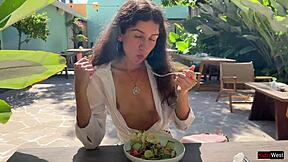 i asked a friend to cum on my face in a cafe so i could eat food with sperm - public cumwalk