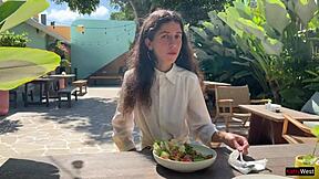 i asked a friend to cum on my face in a cafe so i could eat food with sperm - public cumwalk