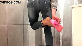 desperate pee in jeans and pink high heels