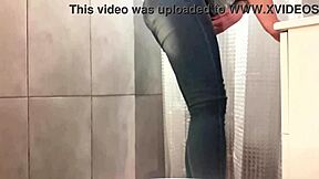 desperate pee in jeans and pink high heels