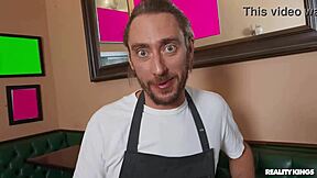 Blonde gets bent over in restaurant for cowgirl riding and facial.