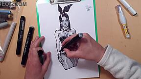 Drawn hot sexy girl in latex quick sketch with markers