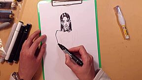 Drawn hot sexy girl in latex quick sketch with markers